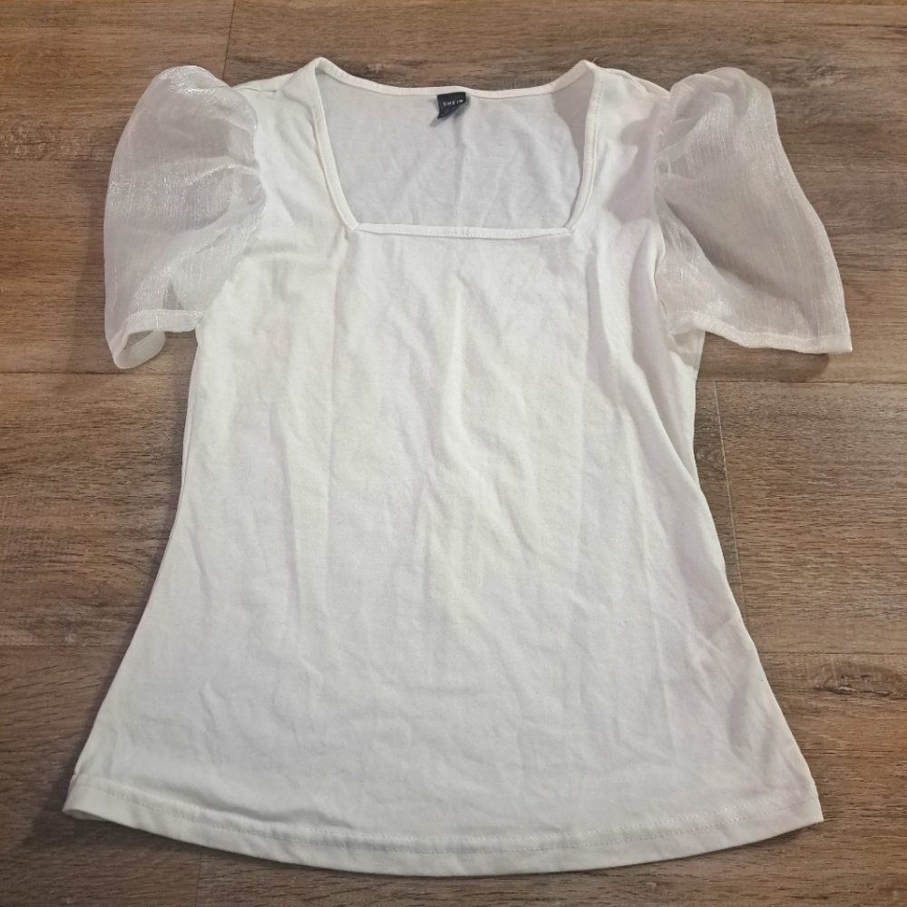 SHEIN Elegant White Sheer Puff Short-sleeve Square Neck Top Women's Size XS